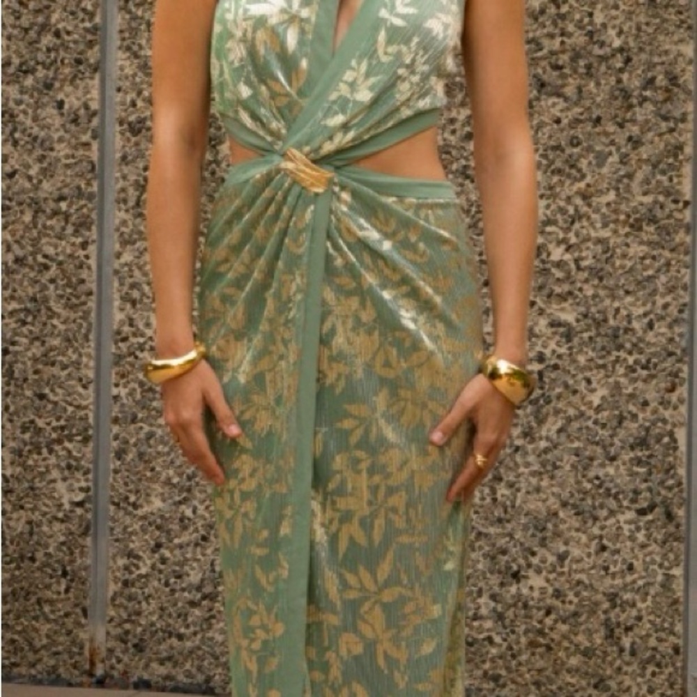 JLUXLABEL Green and Gold One Shoulder Dress